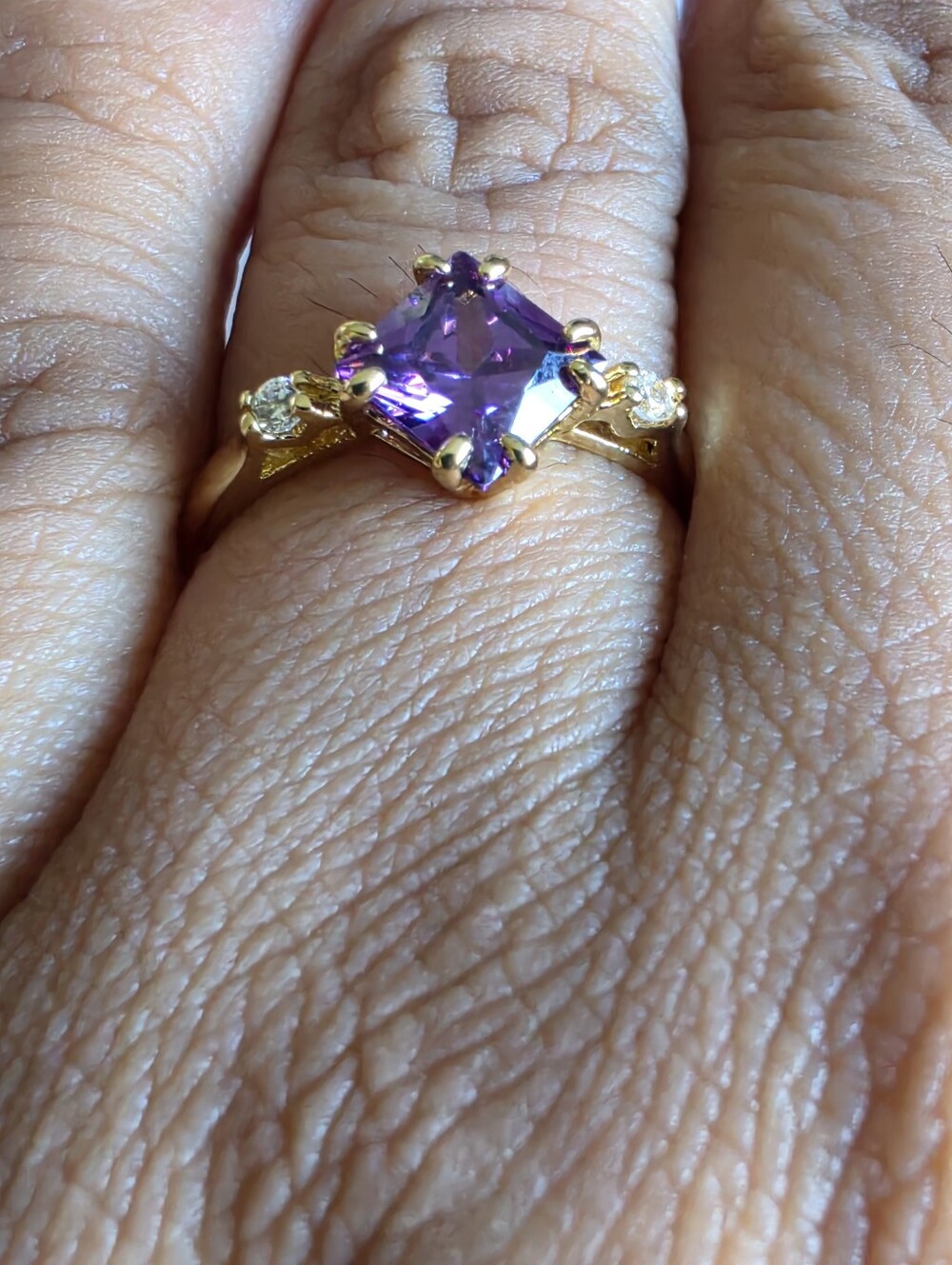 Gold Plated Purple Amethyst Color Princess Cut CZ Ring Size 7
